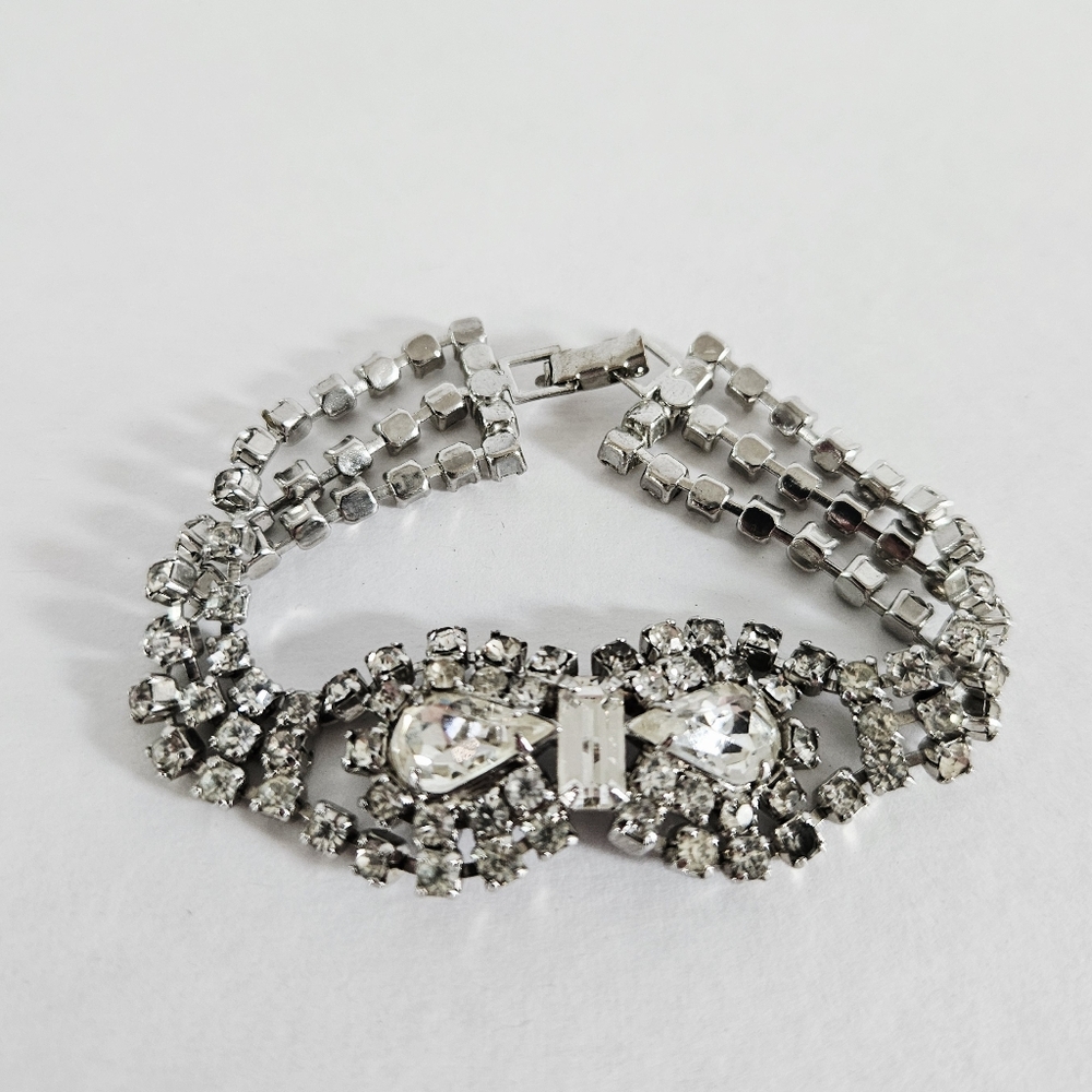 Vintage Multistrand Prong Set Icy Clear Art Deco Rhinestone Silver Tone Bracelet